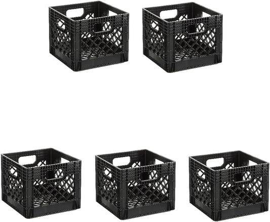 (5 Pack 16QT Heavy-Duty Plastic Square Milk Crate Black Durable Storage Solution for Organizing Home Office Garage Ideal for Transporting Goods and Supplies Versatile Stackable Design Great
