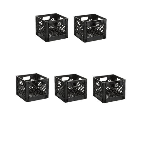 Ecworpo (5 Pack 16QT Heavy-Duty Plastic Square Milk Crate Black Durable Storage Solution for Organizing Home Office Garage Ideal for Transporting Goods and Supplies Versatile Stackable Design Great