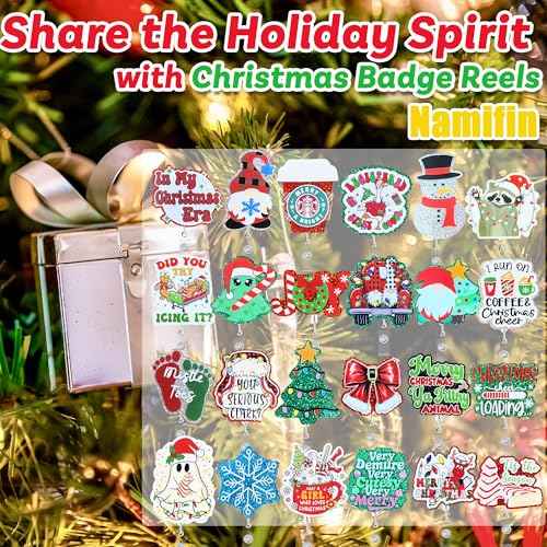 Namifin 24PCS Christmas Badge Reels with Alligator Clip Funny Retractable Happy Holiday Badge Holders Nurse Gifts Accessories Gifts for Friends, Co-Workers