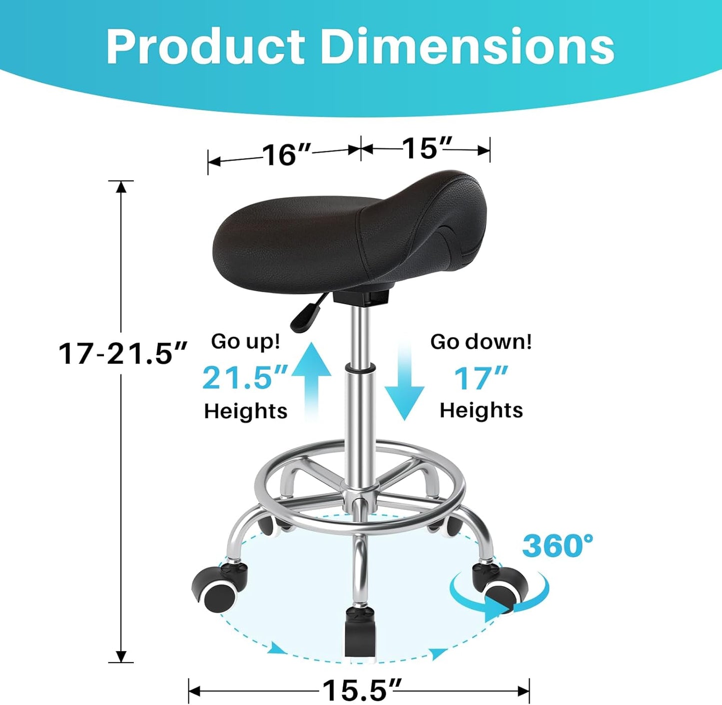 YEEZEE Saddle Stool - Ergonomic Rolling Chair with Wide Thick Padding | Adjustable Height & Wheels (Dark Black)