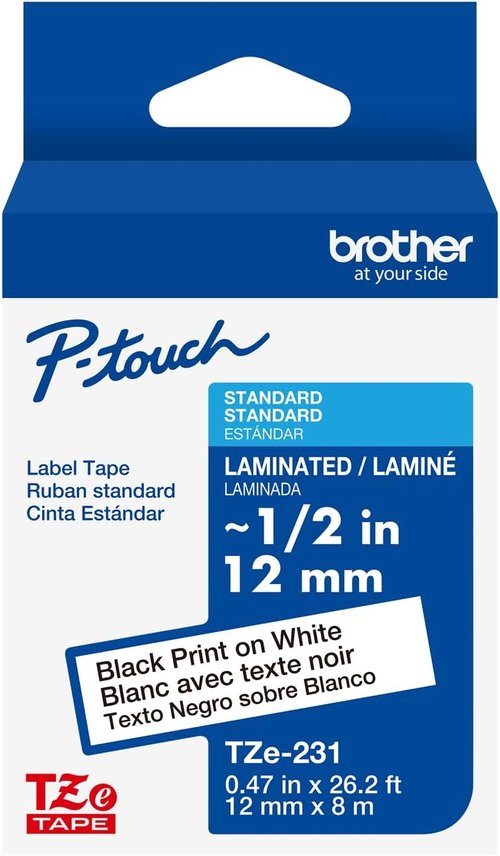 Brother P-Touch 1/2" Black on White Laminated Tape | 4-Pack, 26.2 ft (8 m) Each