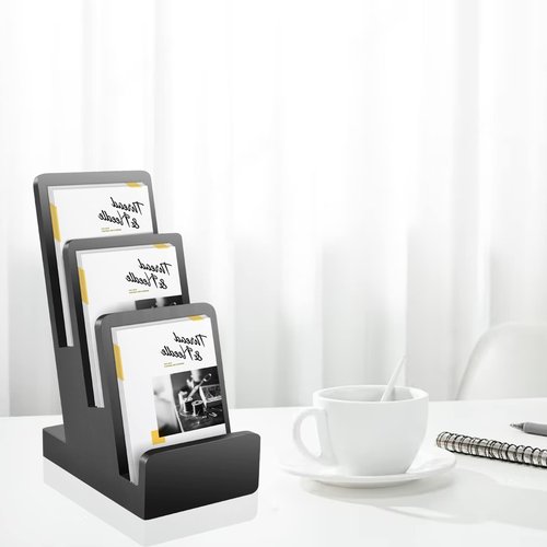 2 Pieces 3-Tier Black Brochure Holder Display Brochure Display Stand Wood Black Trifold Brochure Organizer Pamphlet Display Stand Literature Holder Countertop Book Display Rack for Magazine Booklets