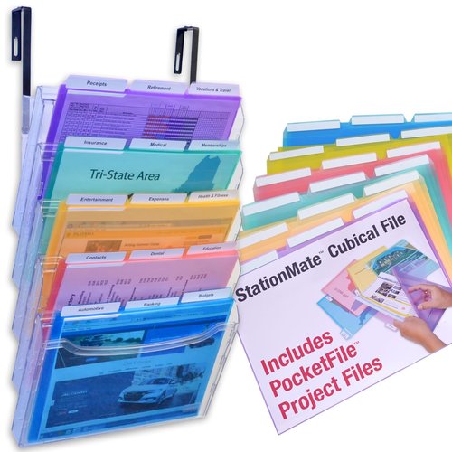 Ultimate Office StationMate Wall File Organizer, 5 Tier Cubicle Partition Mount Hanging File Sorter. Multi-Purpose Display Rack Includes 18, 3rd-Cut PocketFile Project Files & Partition Hangers