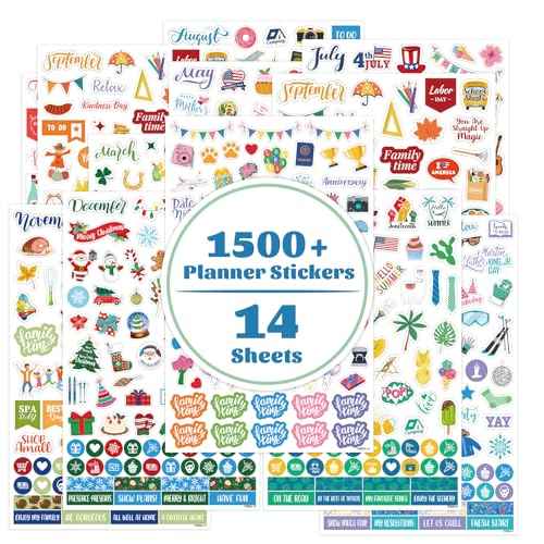 Planner Stickers - 12 Festival Theme Monthly Planner Stickers, Accessories 14 Sheet 1500+ Colourful Sticker£¬Holiday Seasonal Sticker, for Calendar Journaling, Gifts