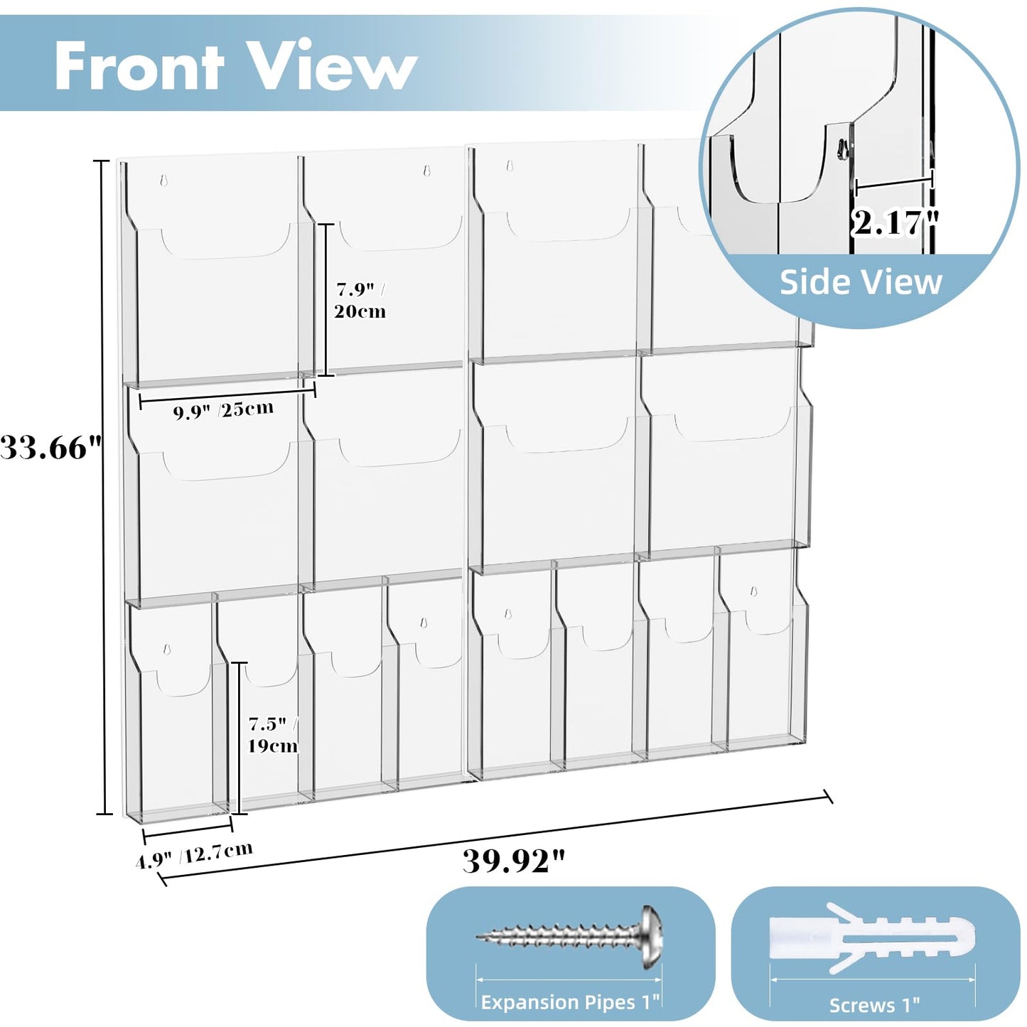 Acrylic Brochure Pamphlet Holder, 8 Magazine Holders and 8 Pamphlet Holders, Clear Brochure Display Holder Wall Mount, Trifold Flyer Rack, Literature Storage Rack for Home, Offices, Waiting Room