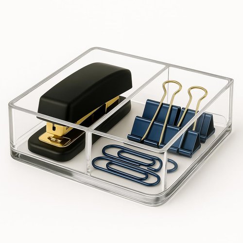 CLASSIC ACRYLIC Paper Clip Holder w/Adjustable Compartment Includes Premium Gift Box. Great Gift for Christmas. Durable & Stylish Desk Organizer for Office Supplies & Sticky Note/Post it Note Holder.