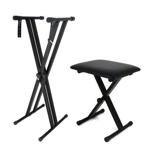 Imseigo Keyboard & Bench Set Sturdy Double-X Keyboard Stand Portable Adjustable Digital Piano Stand with Locking Straps, Keyboard Sticker, Anti-slip Foot Mats Black