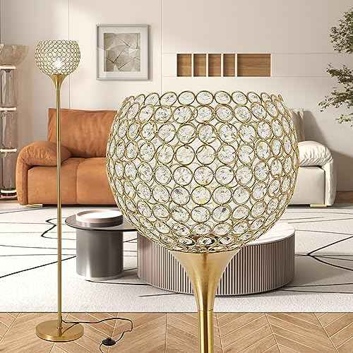 Spherical Crystal Floor Lamp, Gold 8.7 in Shade Elegant Standing Light with Crystal lamp Shade, Modern 61 in Tall Pole Lighting for Living Room, Bedroom, Office, E26 Base, LED Bulb Included