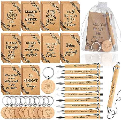 Yeaqee Christian Gifts Retractable Bamboo Pen Bible Verse Inspirational Notebook Keychain Organza Bags for Women Men Gifts(80 Pcs,Christian Style)