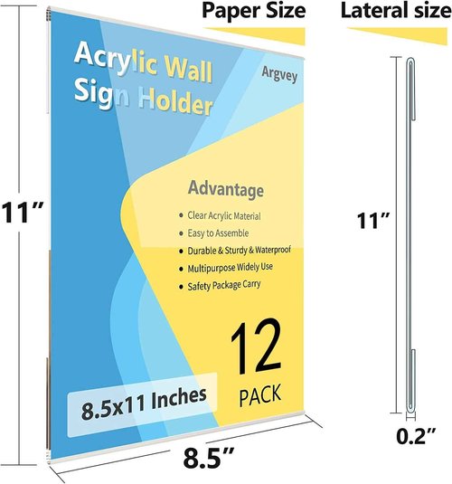 Acrylic Sign Holder 8.5 x 11 Wall Mount, Clear Plastic Sign Display Frame with Adhesive Tape, Vertical Wall Sign Holder for Office, Home, Store, Restaurant, School – 12 Pack