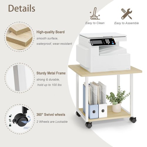 MARTY 22"x15.75" Large Under Desk Printer Stand with Storage Shelf 2-Tier Rolling Printer Cart with Wheels Printer Table for Home Office Heavy Duty Storage Rack for Scanner Fax Machine, Maple