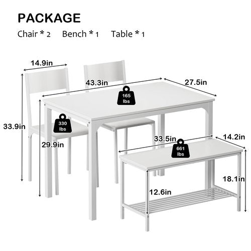 SogesHome Dining Table Set with 2 Chairs and 1 Bench, Bar Set Kitchen Table and Chairs for Dining Room Resturant Bistro Set, Pure White