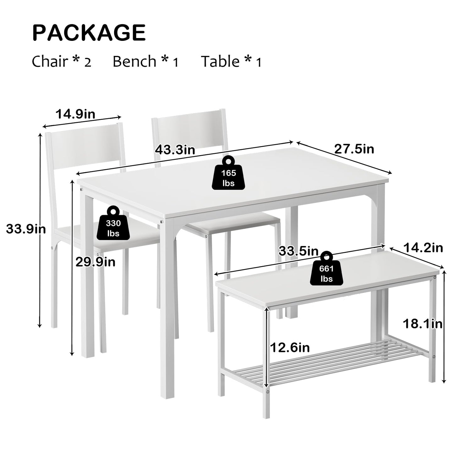 SogesHome Dining Table Set with 2 Chairs and 1 Bench, Bar Set Kitchen Table and Chairs for Dining Room Resturant Bistro Set, Pure White