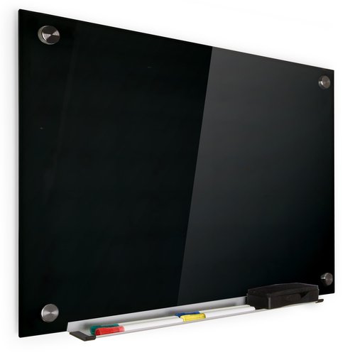 Real Glass Dry Erase Board, 18" x 24", Tempered Glass Surface, Frameless Wall Mount, with 4 Assorted Color Markers and Eraser, by Better Office Products (Jet Black)