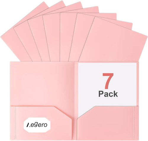 Aegero Plastic File Folders - Durable 2-Pocket Design with Business Card Slot | 7-Pack, Pink, Letter Size