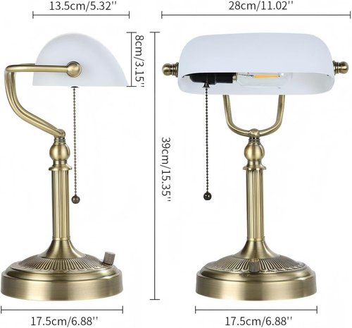 Newrays White Matted Glass Bankers Desk Lamp - Stepless Dimmable Table Lamp for Home Office & Study