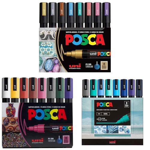 posca Markers Bundle, 24 Medium Paint Markers 5M - 8 Cool Tones + 8 Dark Tones + 8 Metallic Tones