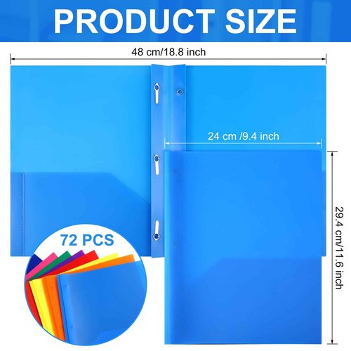 Cholemy 72 Packs Pocket Folders with Prongs Heavy Duty Plastic Folder with Business Card Slot 3 Prong Fasteners for School Office (Cute)