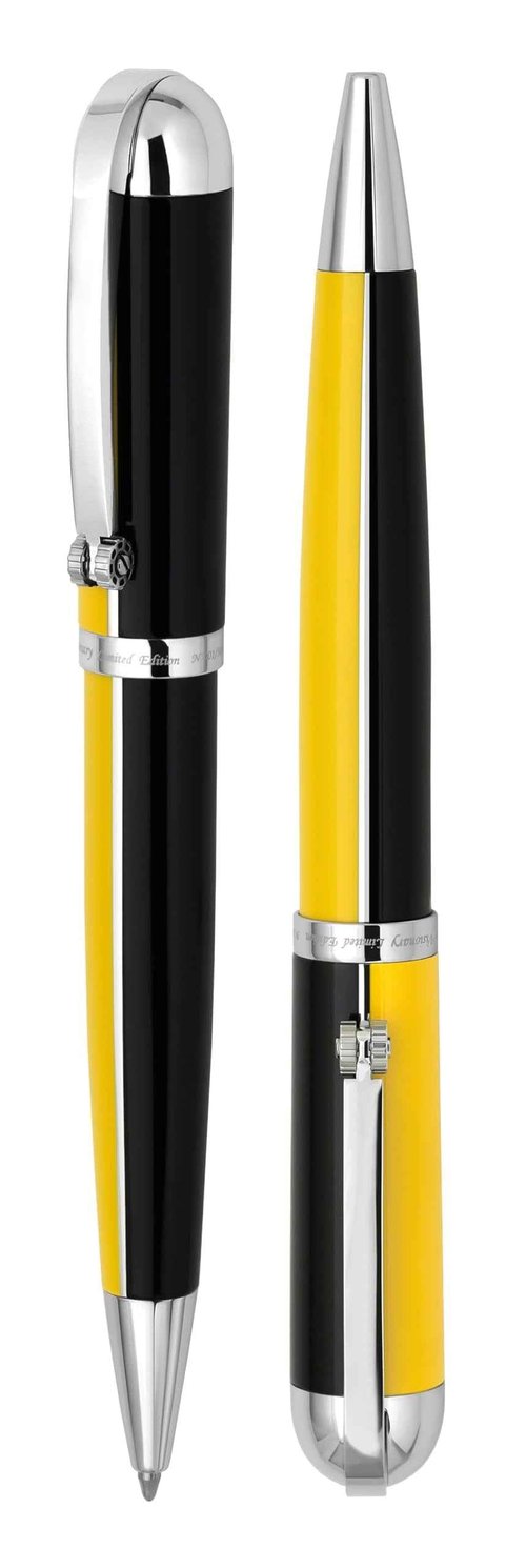 Xezo Visionary Brass and Aluminum Ballpoint Pen, Medium Point. Speed Yellow and Black Lacquer. Numbered in Limited Edition of 500. Classic Art Deco Color Disposition, Retrofuturistic Body Style