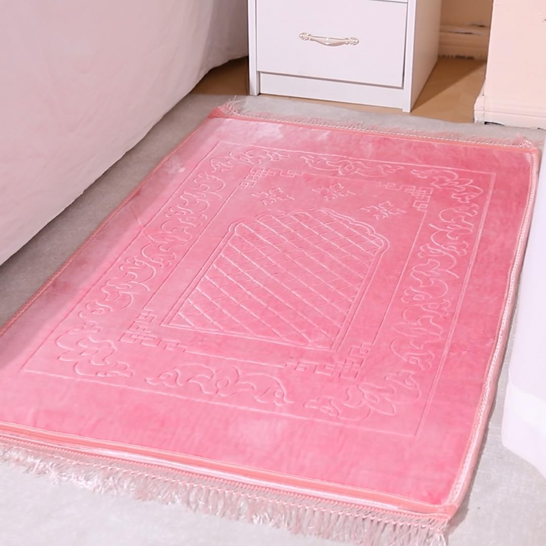 YAZEIN Muslim Prayer Rug with Tasbih Prayer Beads, Soft Large Prayer Matt Islam, Padded Islamic Prayer Mat Thick for Men and Women, Janamaz, Sajadah (Pink)