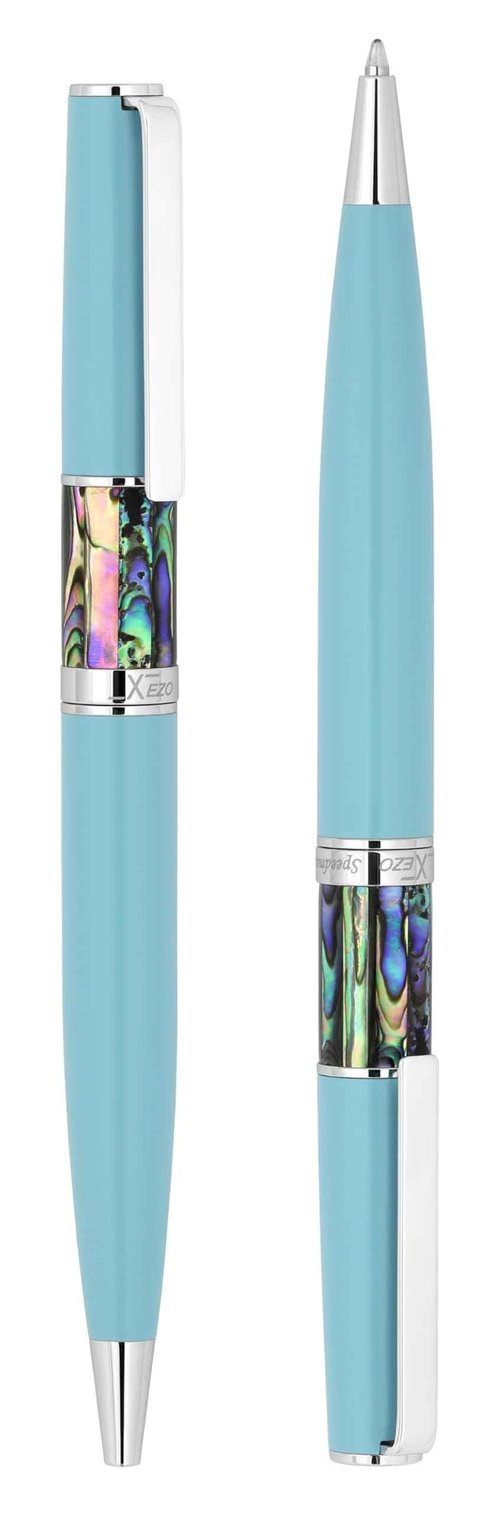 Xezo Speed Master Twist Action Medium Ballpoint Pen. Matte Sky Blue with Pāua Abalone Sea Shell. Chrome Plated. Lightweight Brass Body. No Two Alike. Etched With a Serial Number