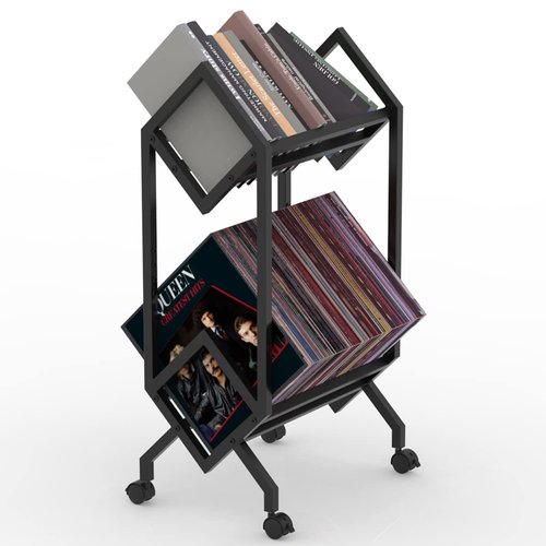 MOOMLIFE Mobile Vinyl Record Storage Rack, LP Storage Shelf, Record Holder for Albums, Magazine Display, Book and Files Organizer, 2 Tier Vinyl Record Stand with Matte Black Metal