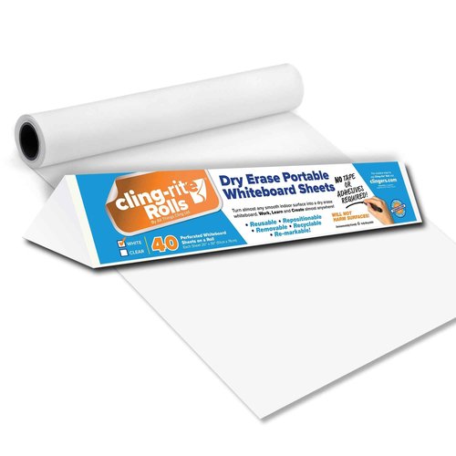 Clingers Instant Whiteboards - Repositional Dry Erase Sheets, 40 Whiteboards per Roll, 20x30 Inch, Removable & Recyclable Cling-rite Rolls for School, Office Decor, and Art Projects - American Made