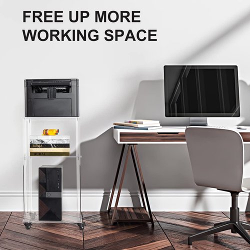 TAKEKIT Acrylic Printer Stand, 3-Tier Printer Table on Wheels, Multifunctional Rolling Printer Cart Storage Shelf for Home Office Organization