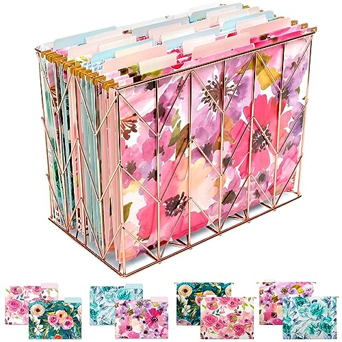 Global Printed Products Deluxe Designer Hanging File Folder Kit, Includes Metal Hanging Basket, 12 Hanging Folders, 24 File Folders, 1/3 Cut Tab, Assorted Positions, Letter Size (Floral)