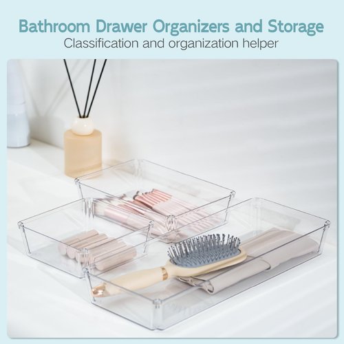 JOLLYIN 6 Pack Large Clear Plastic Drawer Organizer Trays, Desk Drawer Organizers and Storage Dividers, Non-Slip Storage Bins for Jewelry, Snacks, Office, Bathroom, Bedroom and Kitchen