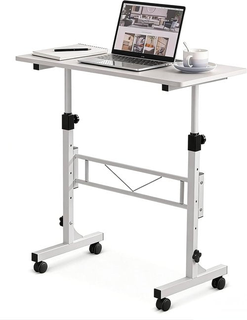 Skiennix Adjustable Height Small Standing Desk - Mobile 32 Inch Rolling Desk with Wheels | Pure White