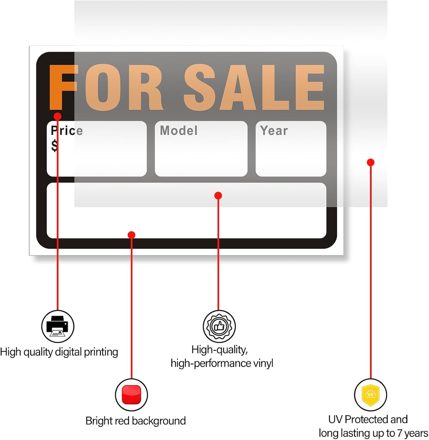 Skiennix Reflective Vinyl Car Sale Signs - Waterproof, Writeable 12x8 Inch Stickers | Black & Orange