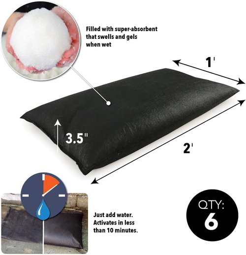 Quick Dam - Water Activated Flood Bags | 1ft x 2ft, 6-Pack for Effective Flood Control