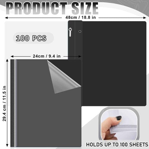 Teling 100 Pcs Plastic Report Covers with 3 Prong Fasteners 11.42 x 9.45 Inch Clear Front Report Covers Bulk Presentation Folders for School Document(Black)