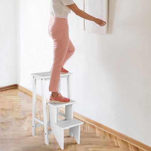 BETTARY 3-Step Folding Wooden Step Stool, Portable Anti-Slip Step Ladder, Foldable Wood Counter Staircase, Multifunctional Flower Shelf & Chair for Kitchen/Garage/Living Room/Library (White)