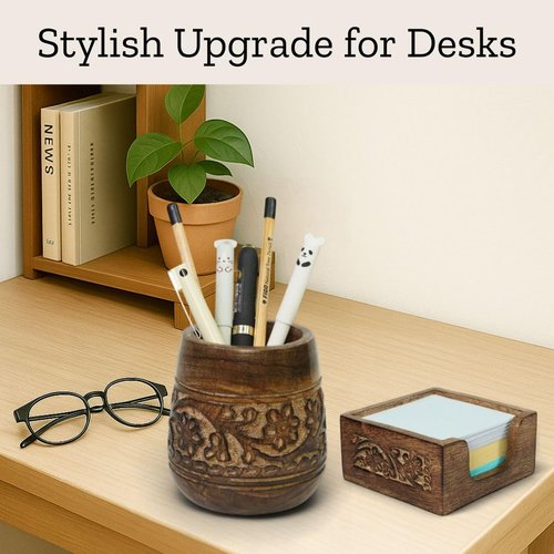 Mie Creations Set of 2 Pen Holder and Sticky Note Holder for Office Desk Organizer, Wooden Desktop Accessories Decor, Handmade Floral Rustic Pencil Stand & Post it Note Dispenser, Aesthetic Stationery