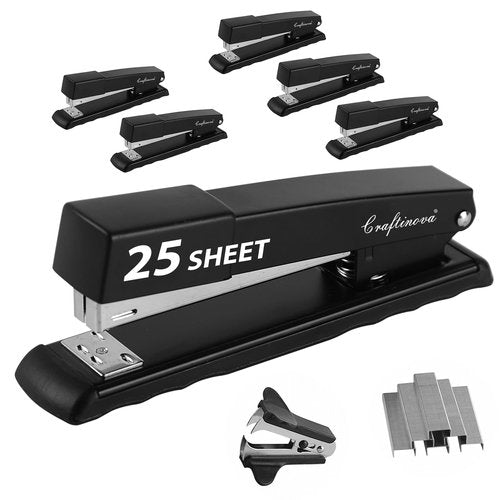 Craftinova Metal Desktop Stapler - 25 Sheet Capacity, Heavy Duty, Black, with 2000 Staples & Remover, Office Use, 6 Pack