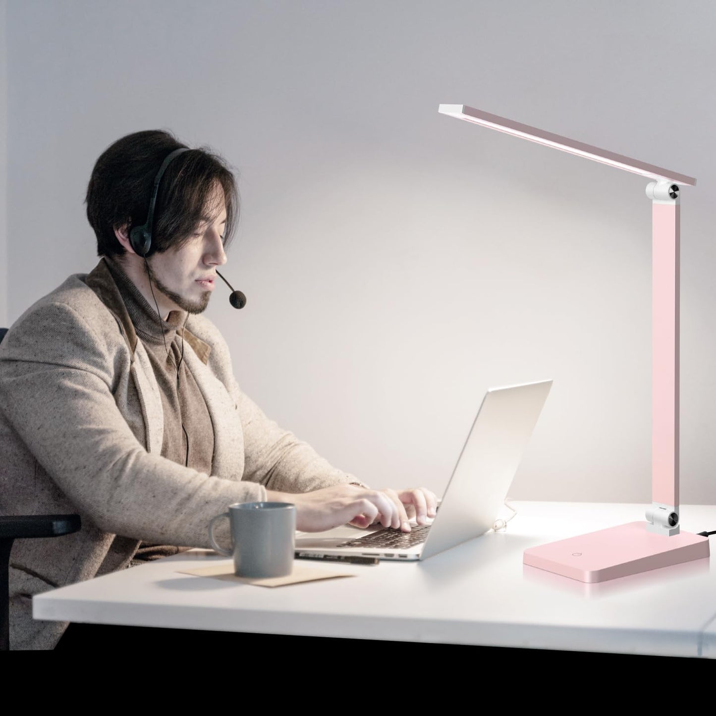LED Desk Lamp for Home Office, 3 Levels Dimmable Desk Light with USB Charging Port, Reading Lamp for Table Study Work Office Nail Craft Puzzle, Pink, 5000K