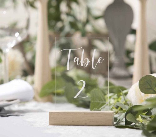 UNIQOOO 50 Pack Oak Wood Table Number Stands | 1/8” Thick Acrylic Sign Holders | Display Stands | Place Card Holder, Perfect for Retail Shop Wedding Dinner Party, Events Decoration, Retail Shop