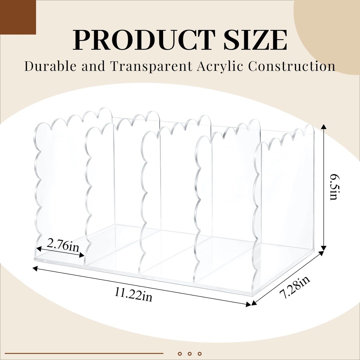 AmazingSpark 1 Pcs Scalloped Acrylic Book Holder for Desk with 4 Compartments 11.22 x 7.28 x 6.5 Inches Clear Acrylic Magazine Organizer Storage Mail Sorter with Wave Edge Design for Office Home