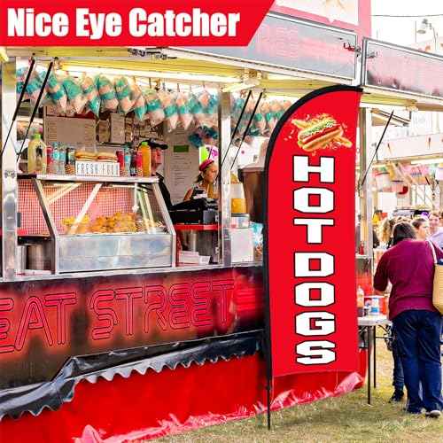 Buryeah 2 Sets Hot Dogs Feather Flag Kit 7 x 5.4 ft Hot Dogs Swooper Flag Pole Kit with Pole Ground Stake and Portable Bag Hot Dog Sign for Restaurant Advertising Business Outside Ground(Red)