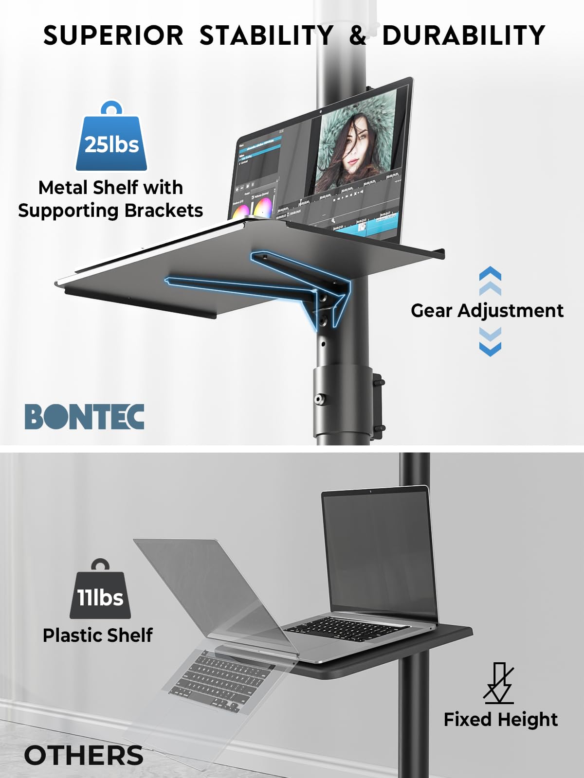 BONTEC Mobile TV Stand for 23-65 Inch TVs, Rolling TV Stand with Locking Wheels, Adjustable Height, Media Shelf, Outdoor TV Stand Max VESA 400x400mm, Holds Up to 88lbs