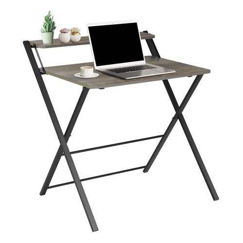 Folding Desk 2-Tier Foldable Table Space Saving Computer Table Writing Workstation for Home Office with Metal Frames/Wood Top Laptop, No Assembly Required, Rustic Brown, 31.9(L) x 20.5(D) x 33.5(H)