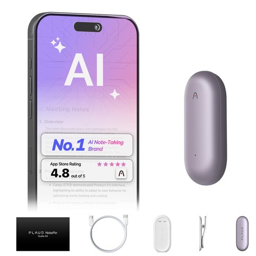 AI Voice Recorder, PLAUD NotePin Voice Recorder, App Control, AI Notetaker, AI Transcribe & Summarize, Support 112 Languages, 64GB Memory, Audio Recorder for Lectures, Meetings, Sunset Purple