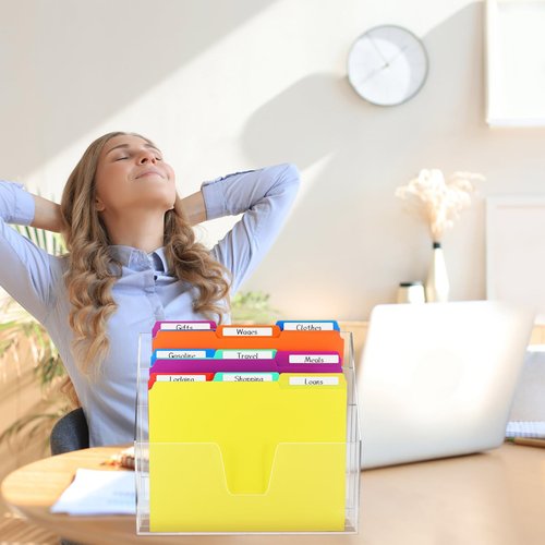 Estune 12 Pack File Folders with Acrylic Vertical Holder Organizer, 1/3 Cut Tab with Folder Letter Size and Labels Horizontal Triple Clear File Paper Desktop Storage Box for Office Desk