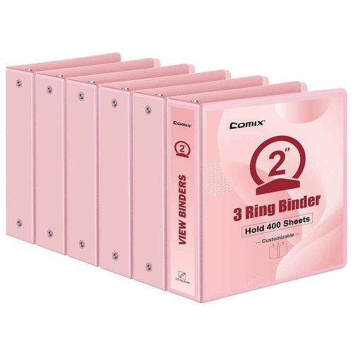 COMIX Standard 3 Ring Binder 2 inch with Clear View Cover, 2" Round Ring View Binder Holds 400 Sheets of US Letter Size Paper, 6 Pack (Pink)