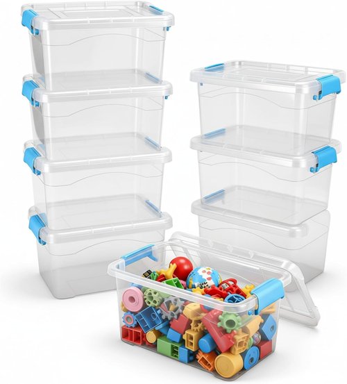Jetec 8-Pack Clear Plastic Storage Bins - Stackable Organizer with Lids & Blue Handles | 6.5 Qt, 11.02 x 7.48 x 6.02''