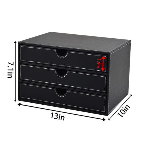 XNONE PU Leather Desk Organizer with 3 Drawers,Executive Office Supplies Desktop Filing A4 File Cabinet/Holder for Jewelry/Bill/Paper/Documents/Makeup Home Decor Stationery Storage Box,Black