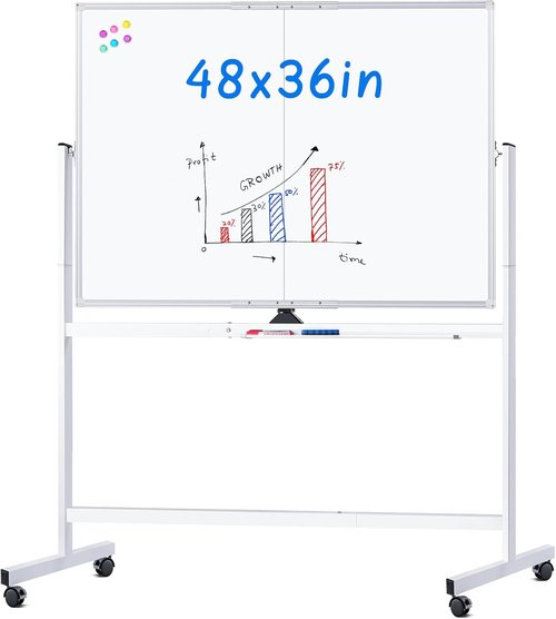Maxtek Rolling Whiteboard - 48x36 Large Magnetic Double-Sided Dry Erase Board on Wheels | Perfect for Home, Office, and School