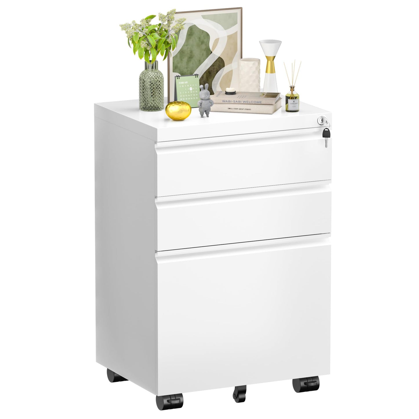 Bonusall 【Fully Assembled 3 Drawer White File Cabinet, Fully Assembled Metal Rolling Filing Cabinet with Lock, Under Desk Drawer Filing Cabinets for Home Office Fit A4/Letter/Legal